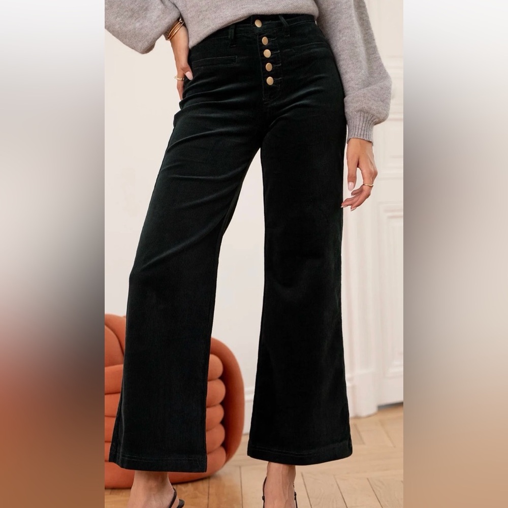 Hunter Green Velvet Corduroy Wide Leg Pants - Oraije Paris - French “It Girl”